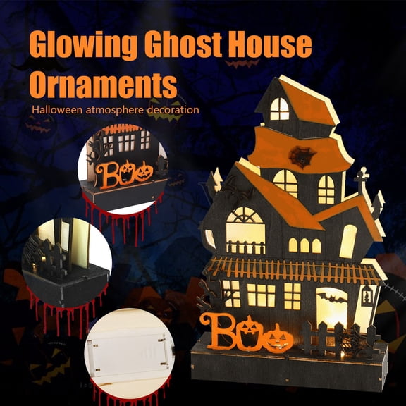 Halloween Haunted House Tabletop Decor Wooden Spooky Mansion with Boo Sign Bat Web Fence Graveyard for Shelf Mantel Display