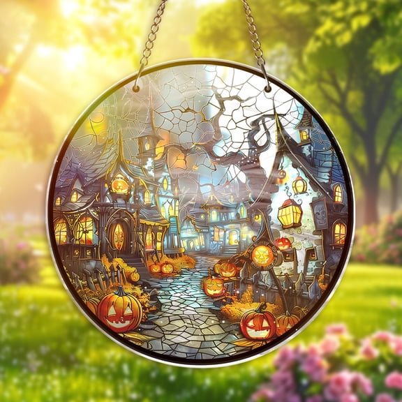 Halloween Haunted Mansion Stained Glass Suncatcher Gothic Victorian House Window Hanging Spooky Halloween Decor Witchy Autumn Home Decor