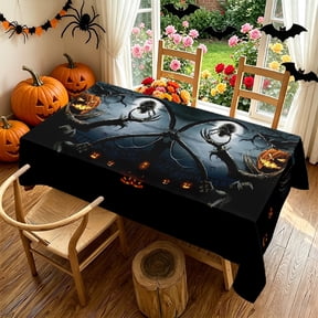Halloween Haunted Night Skeleton Pumpkin 2D Print Tablecloth, Decorative Rectangle Cover for Kitchen Patio Backyard Halloween Parties, Ideal Holiday Gift for Decor Lovers Thanksgiving Christmas