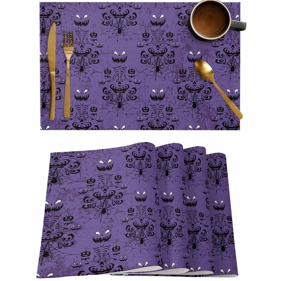 Halloween Haunted Pumpkin Ghost Spiders Web Placemats Set of 4,Wipeable Washable Table Mats for Dining Tables,Black Damask Floral on Purple Place Mats for Kitchen Event Party Tabletop Decor
