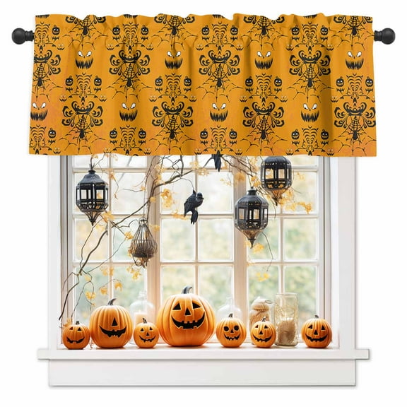 Halloween Haunted Pumpkin on Orange Curtain Valances for Kitchen Windows,Short Valance Spiders- Web Damask Flower Seamless Small Window Treatment for Living Room Bathroom Bedroom,54" x 18"-1 Panel