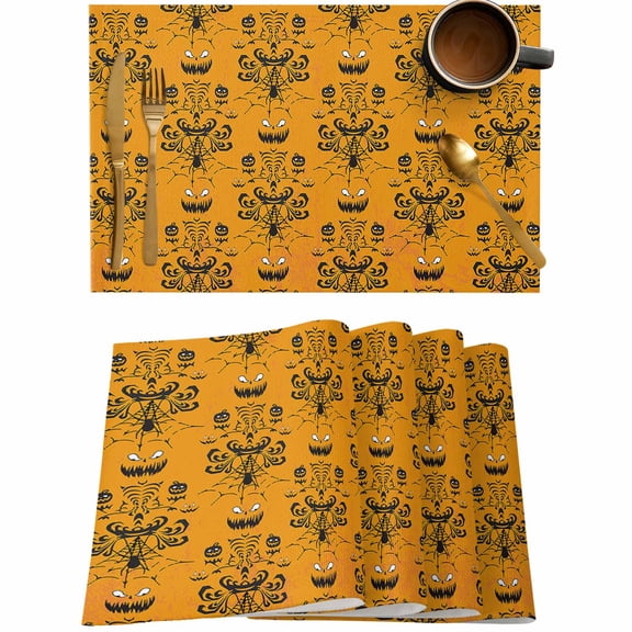 Halloween Haunted Pumpkin on Orange Placemats Set of 4,Wipeable Washable Table Mats for Dining Tables,Spiders- Web Damask Flower Seamless Place Mats for Kitchen Event Party Tabletop Decor