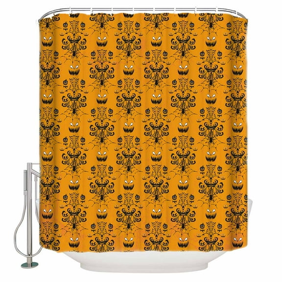 Halloween Haunted Pumpkin on Orange Shower Curtain for Bathroom, Spiders- Web Damask Flower Seamless Waterproof Shower Curtains Washable Quick Dry with Hooks Bathtub Curtains 36x72 IN