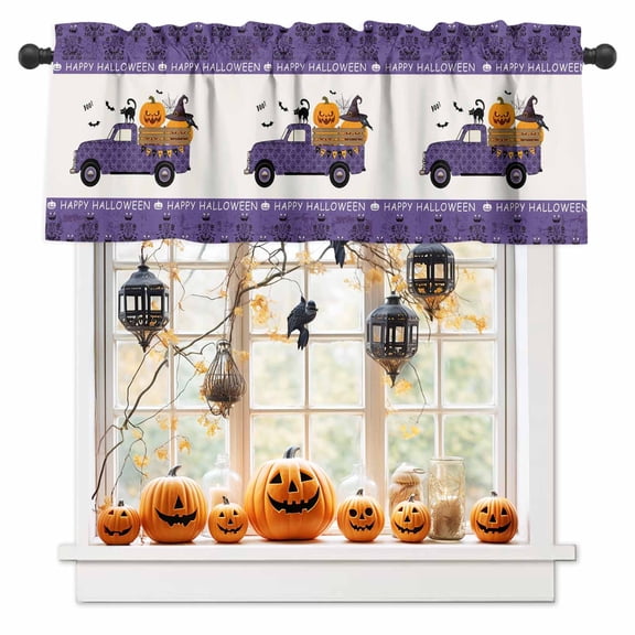 Halloween Haunted Pumpkin Purple Truck Curtain Valances for Kitchen Windows,Short Valance Bat Black Cat Witch Hat Damask Small Window Treatment for Living Room Bathroom Bedroom,54" x 18"-1 Panel
