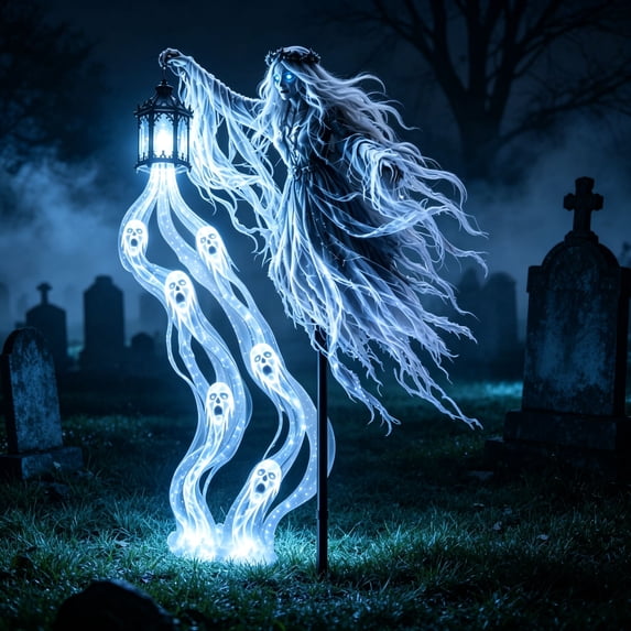 Halloween Haunted Soul Harvester Garden Light with Solar Powered Ghost Lawn Stake, Glowing Ghost White LED Animated Effect for Creepy Outdoor Yard Cemetery Decor,2 PC
