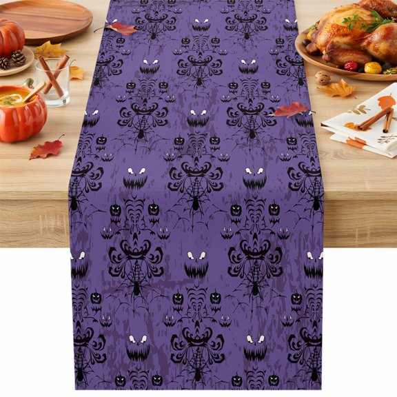 Halloween Haunted Table Runner 13x36 Inch Ghost House Mansion Spider Cotton Linen Dining Table Runner Ideal for Dresser Kitchen Coffee Tables - Machine Washable