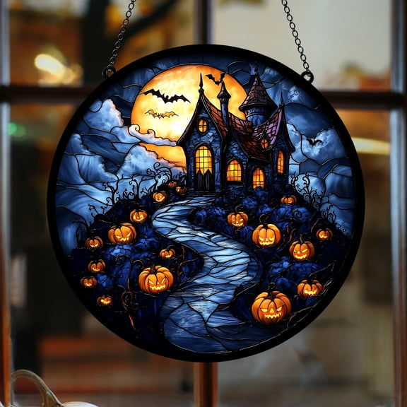 Halloween Hauted House Acrylic Window Hanging – Haunted Mansion Faux Stained Glass Suncatcher, Gift for Trick-Or-Treaters, Scary Art Decor 4330093657
