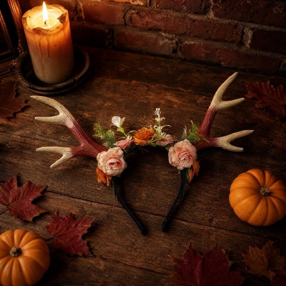 Halloween Headband Floral Deer Antler Accessory, Flower Deer Horn Headpiece for Halloween Costume Party, Carnival Masquerade Decoration and Festival Event Styling