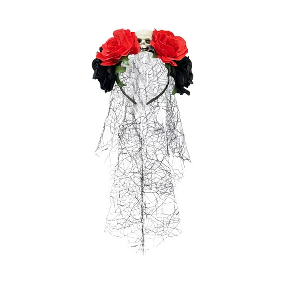 Halloween Headband with Skull Ghost Hands Roses and Black Veil Polyester Fabric Floral Hair Accessories Women Themed Party Costume Decoration Gothic Festival Headpiece Halloween Cosplay Photo Props