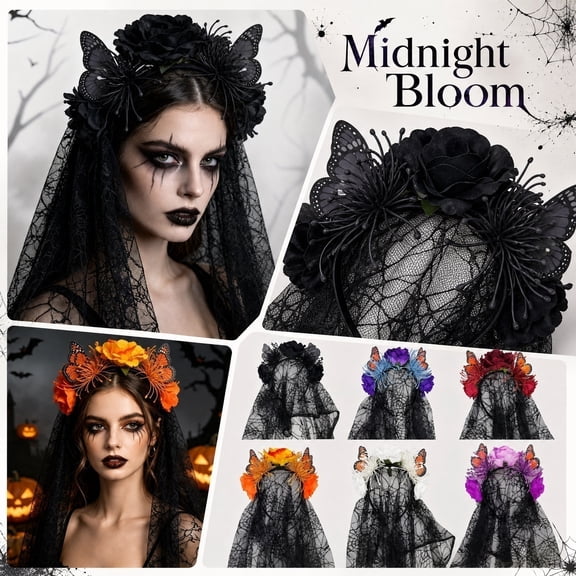 Halloween Headband Veil, Halloween Floral, Day of The Dead, Halloween Flowers Artificial, 1 Pc Purple Simulation Flower Headpiece for Women, 22X8X8 in Black Gauze Halloween Tulle