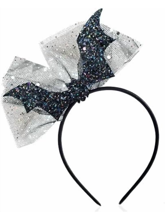 Halloween Headbands,Black Bat Headband with Glitter Sequins & Mesh Design - Stretchy Elastic Hairband Gothic Bat Wing Hair Accessories for Costume Party, Decor