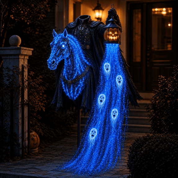 Halloween Headless Horseman Yard Stake, Light Up Ghost Decoration with Pumpkin Lantern and Blue Lights for Lawn Pathway, 23.6 in