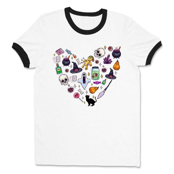 Halloween Heart Ringer Tee Shirt Unisex Large White/Black