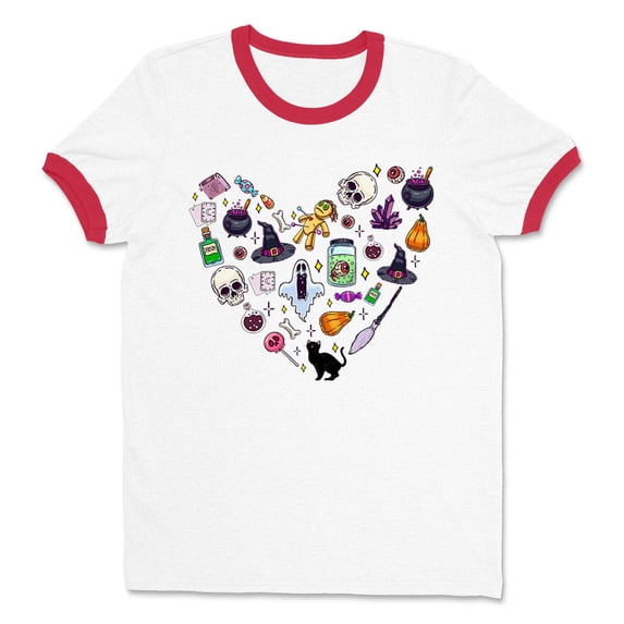 Halloween Heart Ringer Tee Shirt Unisex Large White/Red
