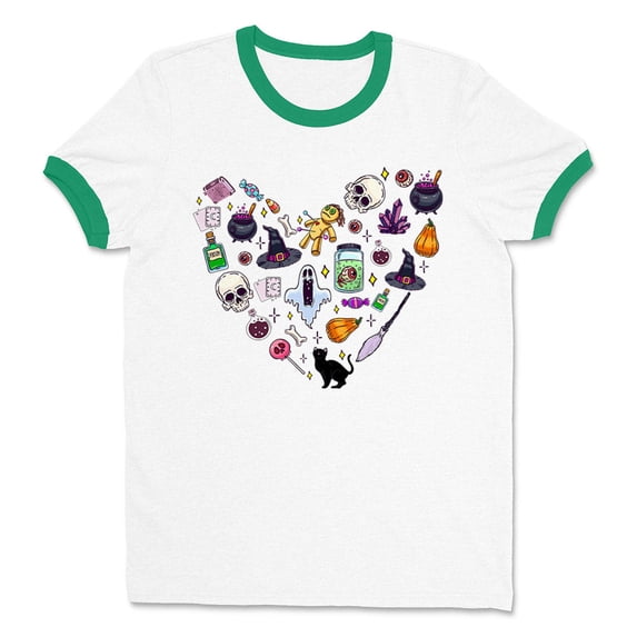 Halloween Heart Ringer Tee Shirt Unisex Medium White/Kelly Green