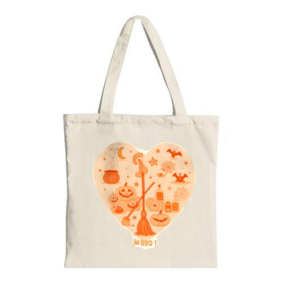 Halloween Heart Tote Bag - Canvas Multifunctional Reusable Shopping Bag with Pumpkin and Bat Designs Perfect for Parties & Travel