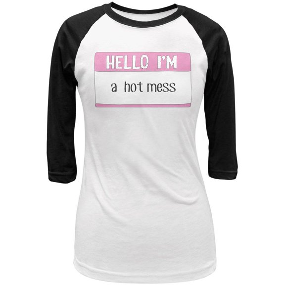 Halloween Hello I'm a Hot Mess Juniors 3/4 Sleeve Raglan T Shirt White-Black LG