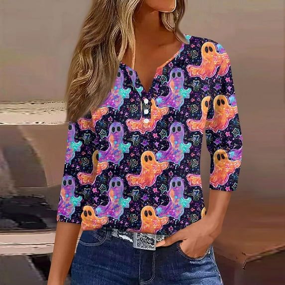 Halloween Henley Tops for Women 3/4 Sleeve Pumpkin Ghost V Neck T Shirts Funny Graphic Tshirts Halloween Costumes