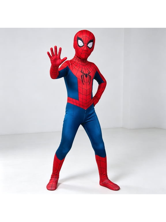 Halloween Heroes Jumpsuit Spider Superhero Cosplay Costume, Red Blue Bodysuit Headwear Mask for Halloween Party, Performance, Costume Event, Convention and Dress Up
