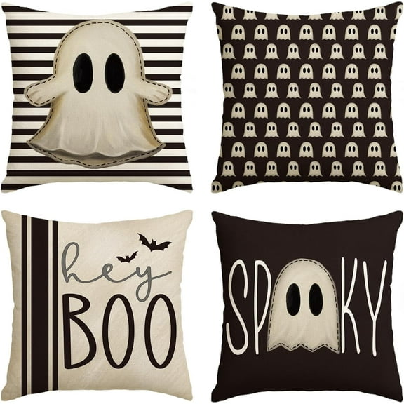 Halloween Hey Boo Cute Ghost Spooky Throw Pillow Covers, 20 x 20 Inch Horror Scary Cushion Case for Sofa Couch Set of 4, Black