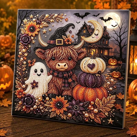 Halloween Highland Cow 3D Pearl Diamond Art Kit Full Drill Shaped Rhinestone Painting for Adults Beginners Cute Ghost Pumpkin Bat Moon Fall Decor Holiday Handmade Gift