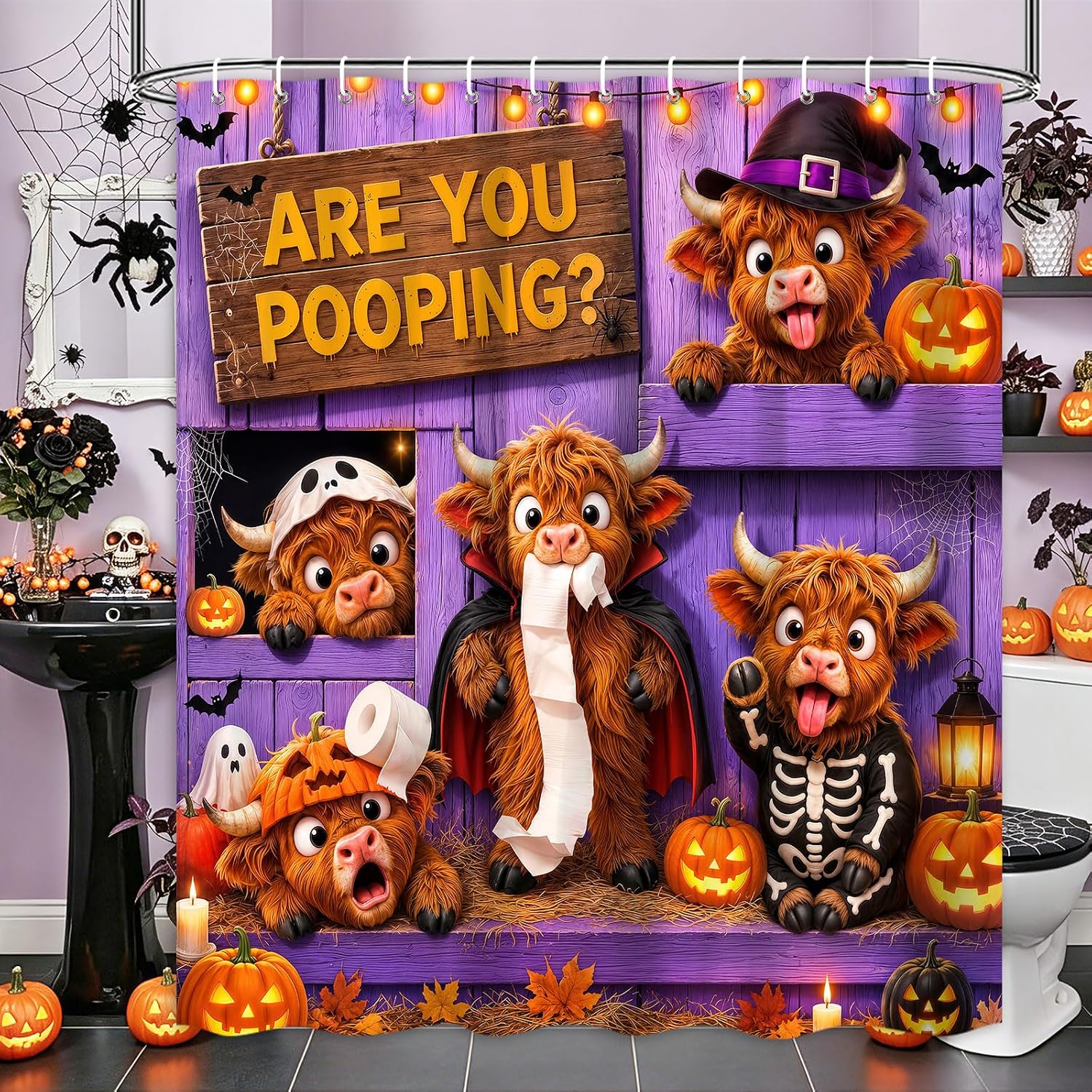 Halloween Highland Cow Are You Pooping Purple Pumpkin Shower Curtain