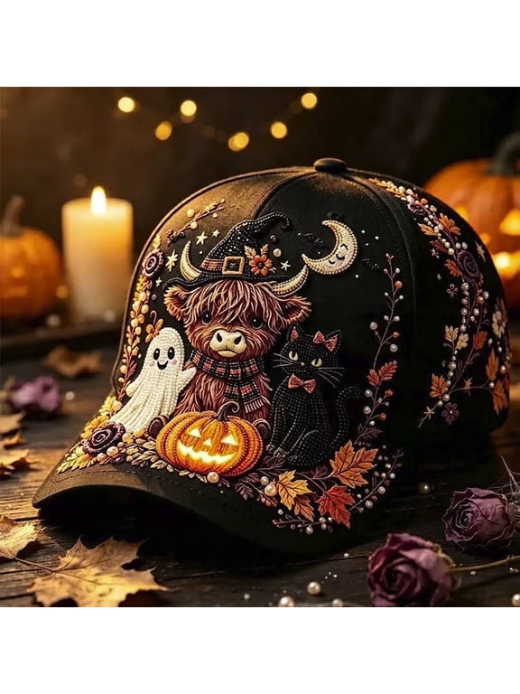 Halloween Highland Cow Baseball Cap Black Witch Hat Plaid Embroidery Adjustable Unisex Party Hat
