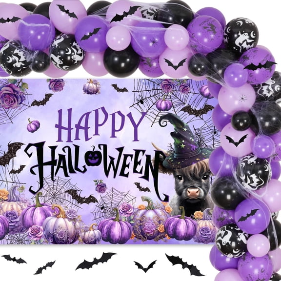 Halloween Highland Cow Decorations Purple Floral Witch Hat Pumpkin Backdrop Happy Halloween Photograph Background Bat Spider Purple Black Balloon Garland Arch Kit for Halloween Birthday Party Supplies