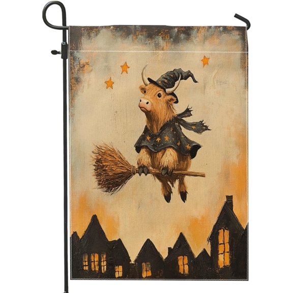 Halloween Highland Cow Garden Flag 12x18 Inch Double Sided Witch Broom Stars Burlap Outdoor Lawn Flag for Porch Patio Yard Decor