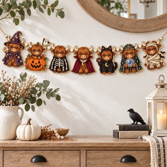 Halloween Highland Cow Garland, Wooden Bunting for Farmhouse Fall Decor