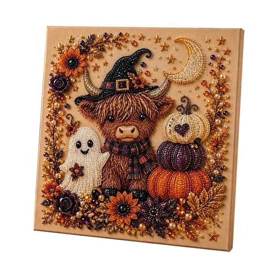 Halloween Highland Cow Ghost Diamond Art DIY Kit, Diamond Painting with Witch Hat & Pumpkin, Home Wall Decor Craft Gift