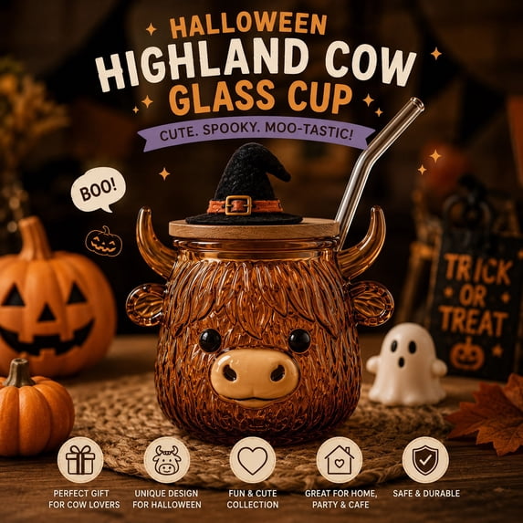 Halloween Highland Cow Glass Tumbler with Lid and Straw, Thick Borosilicate Clear Drinking Glass 12 Oz with Witch Hat Topper for Party Home Decor Gift