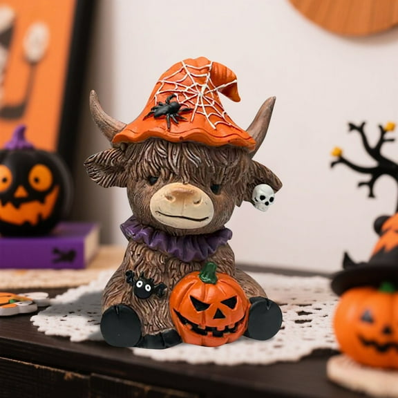 Halloween Highland Cow Holding Pumpkin Figurines Highland Cow Resin Statue Ideal Gifts For Halloween Party Home Garden Table Decor-Pumpkin Style