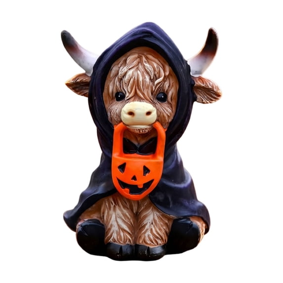 Halloween Highland Cow Resin Figurine, Spooky Cute Cow Statue, Desktop Home Decor Ornament for Fall Party Shelf Mantel