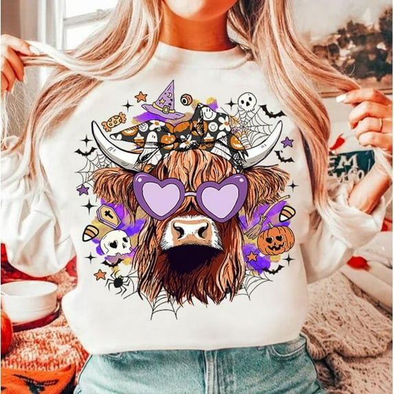 Halloween Highland Cow Sweatshirt, Retro Fall Cow Ghost Pullover, Funny Spooky Season Animal Sweatshirt