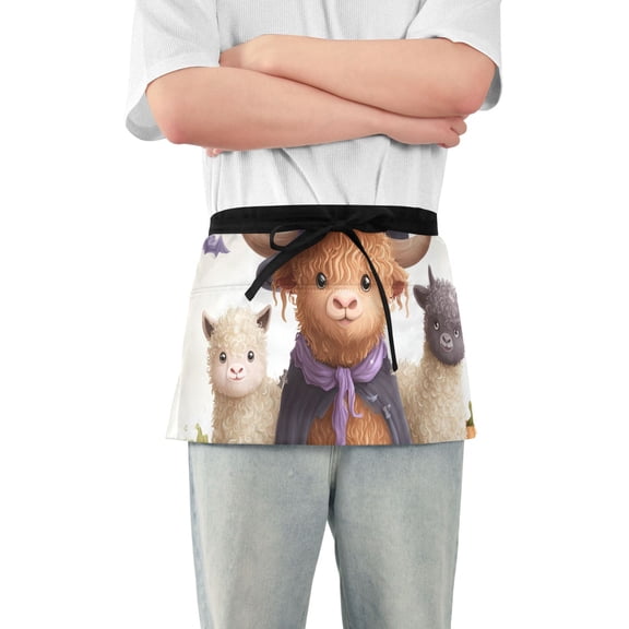 Halloween Highland Cows with Alpacas Pumpkins Short Server Apron with 3 Pockets for Unisex Chef Gardening