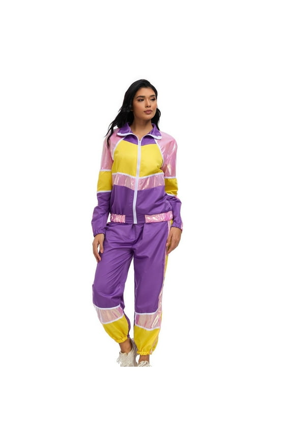 Halloween Hip Hop Costume Carnival Party Color Block Tracksuit, Purple Yellow Pink, Retro Windbreaker Set with Zip Front Jacket and Jogger Pants