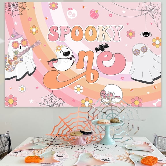 Halloween Hippie 1-Year-Old Background Cloth Vinyl Backdrop with Grommets and 6m White Ribbon for Party Decorations Kids Birthday Photo Wall Indoor Outdoor Celebration