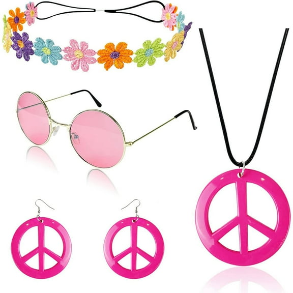 Halloween Hippie Costume Set Includes Peace Sign Necklace and Earrings, Flower Crown Headband and Hippie Sunglasses