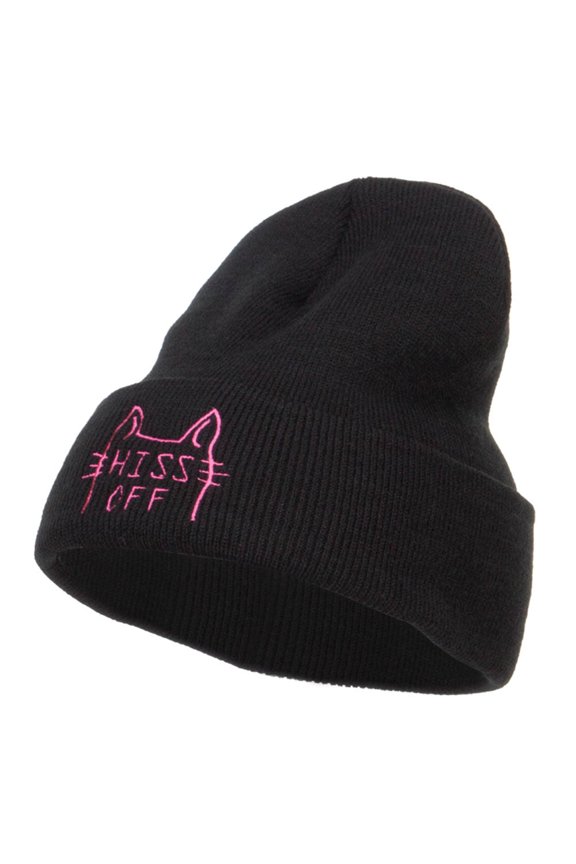 Halloween Hiss Off Embroidered Long Beanie - Black OSFM