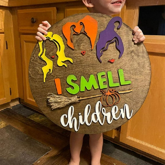 Halloween Hocus Pocus Door Sign I Smell Children Hanging Sign for Front Door Rustic Wooden Door Hangers Hocus Pocus Door Wreath with Bow for Halloween Home Outdoor Wall Decor