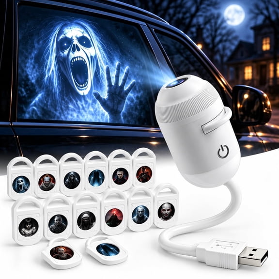 Halloween Hologlass Projector for Car Window, Plug and Play USB Projector Rotates 360° Displays 12/24 Scary Ride
