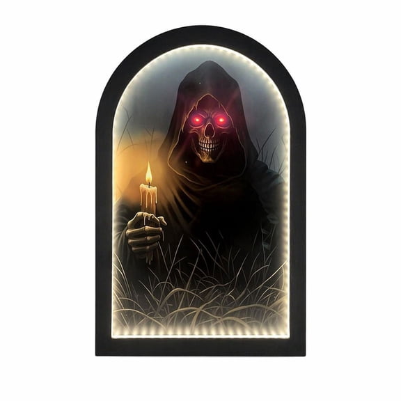 Halloween Holographic Mirror, USB Powered Wavy Haunted Mirror, LED Light Up Ghost Wall Decor, Spooky Optical Illusion Mirror for Fireplace Mantel Entryway Table Party Home Decoration