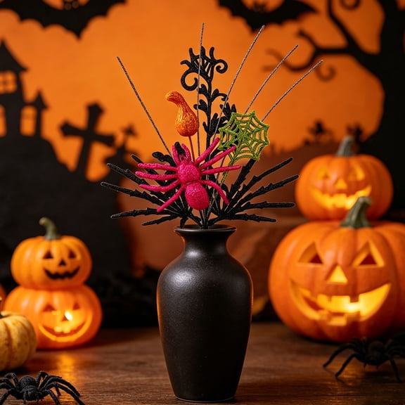 Halloween Home Decor, Glitter Skull Pumpkin Head Floral Arrangements for Bar Party
