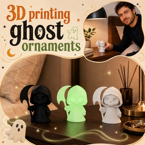 Halloween Home Decor, Glow-In-The-Dark 3D Printed Grim Reaper Ghost Figurine, Cute Halloween Decorations for Home, Halloween Desk Decorations, Small 2.5X2X2.5 Inch Fluorescent