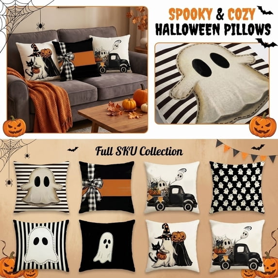 Halloween Home Decor, Halloween Throw Pillow Covers, Ghost Halloween Decorations, Decorative Throw Pillows for Couch, 4-Pack 18X18 Inch Set of Halloween Ghost Spooky Striped