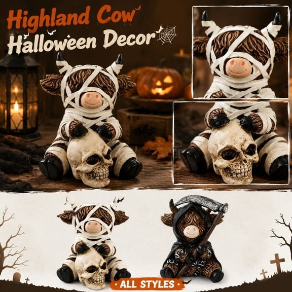 Halloween Home Decor, Highland Cow Decor, Cute Mummy Wrapped Mini Highland Cow Figurine with Skull, for Halloween Mantel Decorations, Halloween Decor for Bedroom, Farmhouse