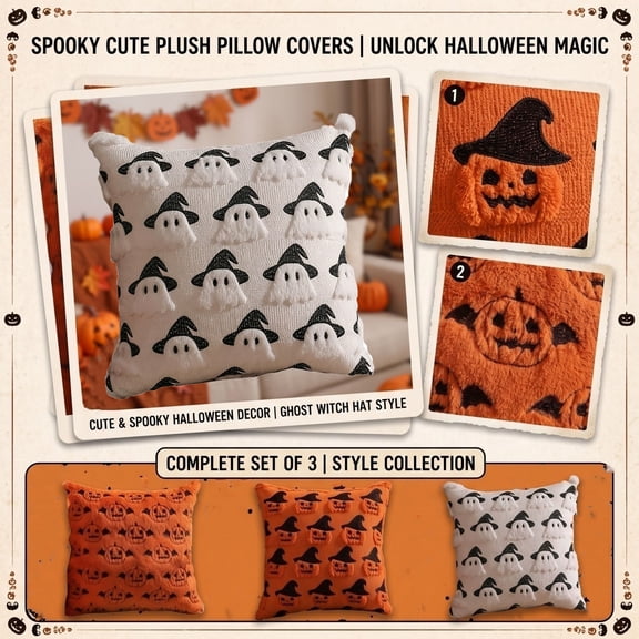 Halloween Home Decor Indoor, 18X18 Inch Halloween Pillow Cover, Plush Embroidered Jack O Lantern Decor Cushion Cover, Quilted Pumpkin Bat Decorative Throw Pillow, Soft Fuzzy 45Cm