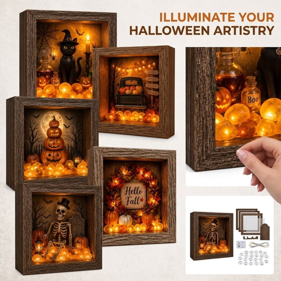 Halloween Home Decor, Indoor Halloween Decorations, Halloween Wall Decorations, Web Decoration, Small Halloween Decor, 9X9X2 Inch Light Up 3D Skeleton Pumpkin Shadow Picture Frame