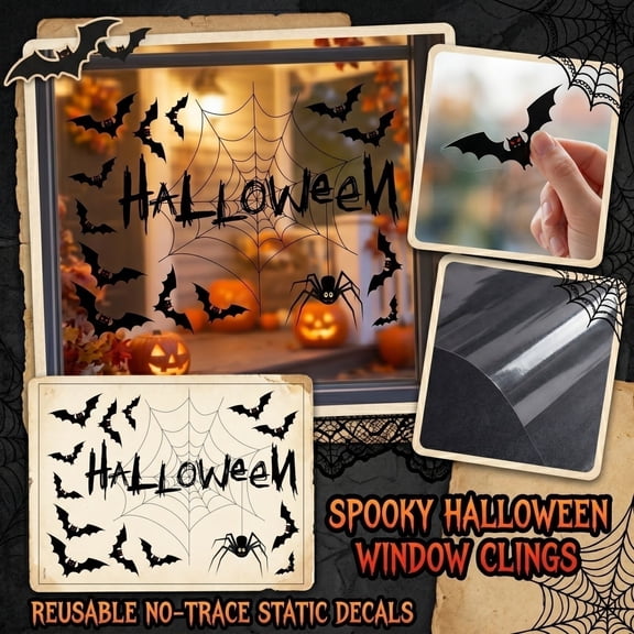 Halloween Home Decor Indoor, Halloween Window Decor, Halloween Decorations, Halloween Wall Decals, 16X12 Inch Waterproof Non-Adhesive Static, Spooky Bat Cobweb Pattern for Glass
